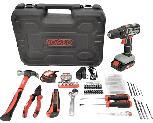 KOMBO - Trapano Avvitatore 20V Cordless con Mandrino 10mm, Coppia 20Nm, 18+1 Posizioni, Batteria Litio 1500mAh, Valigetta con 127 Accessori per Foratura e Avvitatura Multimateriale