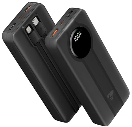 Aioneus 20000mAh Power Bank with Built-in USB-C & Lightning Cables, Portable Charger Fast Charging Battery Pack for iPhone 16 15 14 13, Samsung, Xiaomi, iPad, LED Display