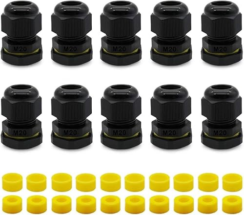 Tynoscco M20 x 1.5 Cable Gland IP68 Waterproof, Nylon Cable Connector with Locknut, PG9 PG13.5 Adjustable Cord Grip for 4-12mm Cable, 10-Pack Black for Junction Box Outdoor Use