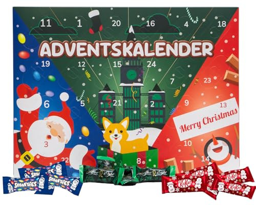 Adventskalender 2025 mit bunter Schokoladenmischung – 24 Mini-Süßigkeiten in festlichem Weihnachtskalender, Geschenkidee für Kinder & Erwachsene (196 g)
