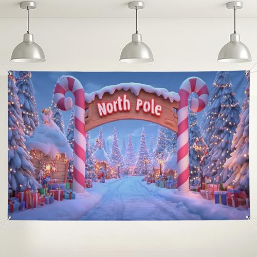 North Pole Winterwunderland-Hintergrund, Zuckerstangen-Thema, Weihnachtsdekoration, schneebedeckte Landschaft, Fotografie-Hintergrund für Feiertage, Partys und Veranstaltungen, 180 x 109 cm