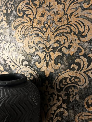 Newroom Vliestapete Schwarz Barock Ornament Mustertapete Wohnzimmer | Damast mit Goldschimmer, verwaschener Vintage Used-Look, florale Ranken, Akanthusblätter, Wandtapete, Schlafzimmer, Flur