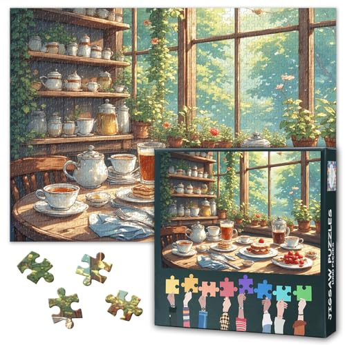 1000 Pieces Cafe Puzzles for Adults Cozy Nights Wall Display 27.5X19.7 | Challenging cozy coffee shop jigsaw puzzles for family game gifts coffee cake afternoon tea puzzle art for home decor