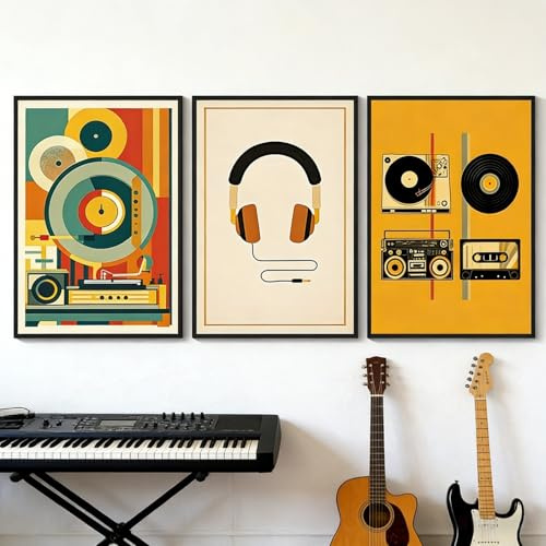 JORCEDI 3er Retro Poster Set, Retro-Musik Album Art Poster, Schallplatten, Kopfhörer, Kassetten, Bilder, Wandkunst, für Wohnzimmern, Schlafzimmern, Büros, Wanddekoration, Ohne Rahmen (50 x 70 cm)