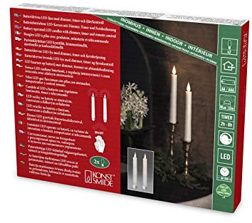 Konstsmide, 1872-210 LED Candles Set of 2, White, with 3D Flame, 2-8 Hours Timer, Dimmer and Remote Control, 2 Warm White Diodes, Battery Operated, Indoor