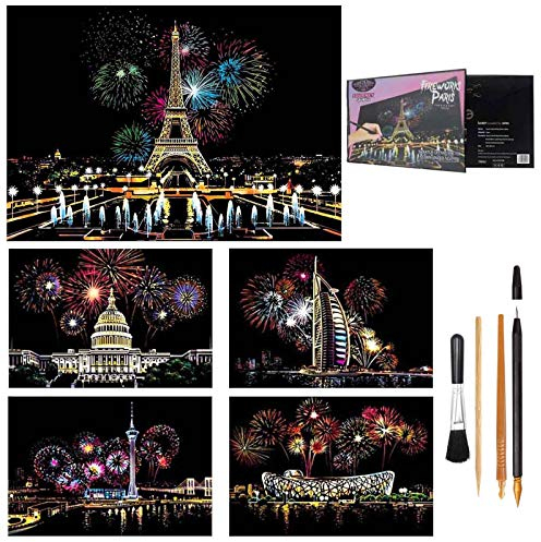 jiuhao Kratzkunst für Erwachsene, Krepppapier-Kunst für Erwachsene, Regenbogen-Malerei, Skizze, Kratzbrett-Kunst für Erwachsene und Kinder, mit 4 Werkzeugen (Feuerwerk)