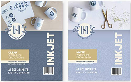 Hayes Paper, Bundle Waterslide Decal Paper Inkjet Clear and White 40 Sheets Printable Water Slide Decals of A4 Size