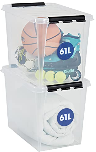 SmartStore 66L Large Plastic Storage Boxes with Lid, 2 Pack, Reinforced, Clear, 10 Year Guarantee, Food Safe, Clip Locked, Stackable and Nestable, BPA Free, L59 x W39 x H43cm