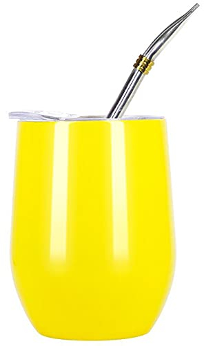 LTLWSH Set Mate Argentino para Yerba Mate - Kit Mate de Vaso para Mate Pared Doble de Acero Inoxidable 18/8 - Incluye Dos Bombilla Mate y un Cepillo para Limpiar la Bombilla, 350 ml,Amarillo