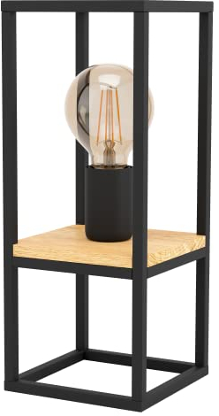 EGLO Tischlampe Libertad, 1 flammige Tischleuchte, Nachttischlampe aus Metall in Schwarz und Holz in Natur, Wohnzimmerlampe, Lampe mit Schalter, E27 Fassung