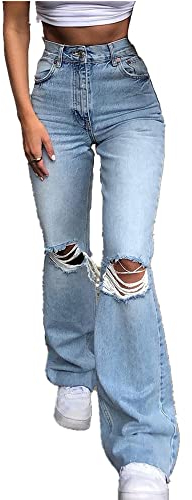 NP Damen Jeans Big Feet Burst Cave Freizeithose Horn Pants, blau, S