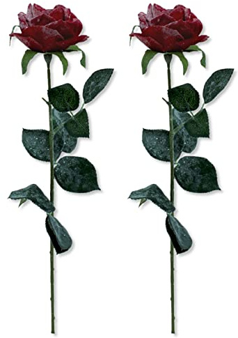 DARO DEKO Kunstpflanze Rose vereist 65 cm rot grün Glitzer Zweig Kunstrose künstliche Pflanze Glitzer 2 Stück