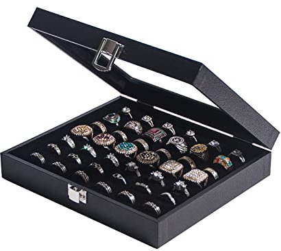 Pangkeep Ringorganizer mit 42 Fächern, schwarze Schmuckaufbewahrungsboxen für mehrere Ringe, Glasdeckel, stapelbar.