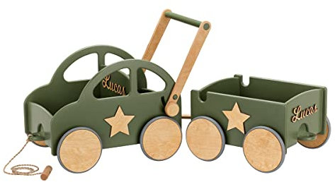 Holzwagen Kinder - Lauflernwagen Holz - Eigener Name - Leiterwagen für Kinder- Bollerwagen Holz - Solide mit Einer Schnur für kleine Kinder - Bollerwagen Holz Kinder (Khaki)