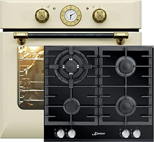 Kaiser Herdset Einbaubackofen EH 6432 ElfBE + KCG 6380 Turbo, Retro Einbau Backofen Elektro, Autark, 68 L, Drehspieß, 10 Funktionen+60cm, Schwarz Glas, Einbau Herd, 3,8kW WOK,Erdgas Fl.Gas