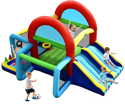COSTWAY Casa Inflable, Castillo Inflable con Doble Tobogán, Área de Salto, Pared para Escalar, Piscina con Pelotas, Puerta de Fútbol, Aro de Baloncesto, Juego Blando y Tiro de Anillos (sin compresor)
