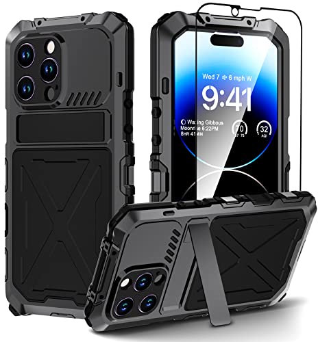 Beeasy for iPhone 14 Pro Case with Tempered Glass Screen Protector Metal Kickstand, Heavy Duty Shockproof Tough Metal Armour Cover Dustproof, Full Body Military Protective Rugged Case for 14 Pro 6.1”