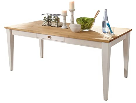 möbelando Esstisch WZ-0133 aus Kiefer massiv in weiß mit Einer Schublade und Absetzungen in eichefarbig. Abmessungen (BxHxT) 180x75x90 cm