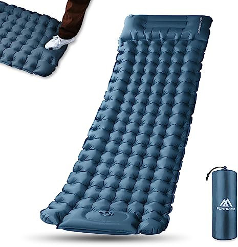 flintronic Camping Isomatte Selbstaufblasend mit Fußpresse Pumpe, 10CM Thick Wasserdicht Isomatte mit Kopfkissen, Outdoor Aufblasbare Luftmatratze, Faltbar Schlafmatte für Outdoor, Camping, Dunkelblau