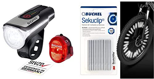 SIGMA Sport - LED Fahrradlicht Set Aura 80 und NUGGET II & Büchel Unisex - Erwachsene 72er Verpackung Speichenreflektoren Seku Clips StVZO zugelassen 3M 360 Grad Sichtbarkeit, Silber, 72 Stück EU