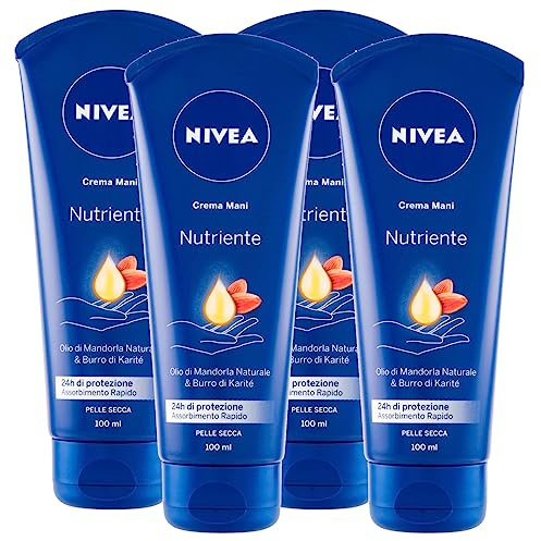 Nivea Feuchtigkeitsspendende Handcreme mit Mandelöl und Karité-Butter für trockene Haut, schnelle Aufnahme – 4 Flaschen à 100 ml