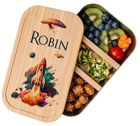 Manufaktur Liebevoll - Personalisierte Brotdose mit Fächern, Edelstahl Lunchbox mit Bambus Deckel u. Trenner, Nachhaltige Brotbüchse | Mädchen, Jungen (Motiv Rakete, Weißblech | Größe S)