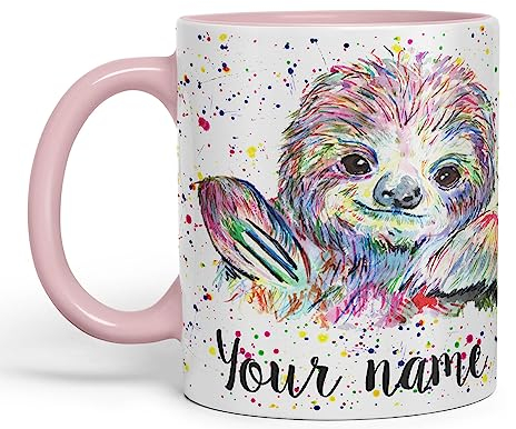 Vixar Personalised with Your Text Sloth Lazy Animals Watercolour Art Coloured Ceramic Mug Cup Gift 330ml 11oz Custom Work Office Tea Coffee (O1) (Pink)