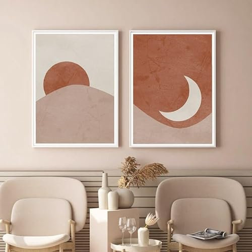WoLWEs Lot de 2 Affiches de Paysage Abstraites Soleil et Lune Boho Terracotta Imprimer Mid Century Art Mural Canvas Paintings Bedroom Vie Chambre Decor-50 * 75Cm/20 * 29 Pouces (Sans Cadre)