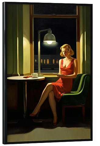artboxONE Poster mit schwarzem Rahmen 90x60 cm Abstrakt Woman in red - Bild nachtschwärmer Edward Hopper