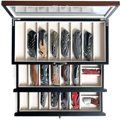 Besforu Pocket Knife Display Case for men collection holder 22-26 folding knife with Walnut Finish Three-Tier Knife organizer storage box with Real Glass Window Top (walnut veneer with 2 draw)