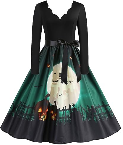 Prinzessinnenkleid Halloween-Kostüm Damen Vintage Kürbis bedruckt Langarm Verkleidung Erwachsene Cosplay Abendkleid Audrey Hepburn Swing Textil traditionell lokal Geburtstag, grün, XXL