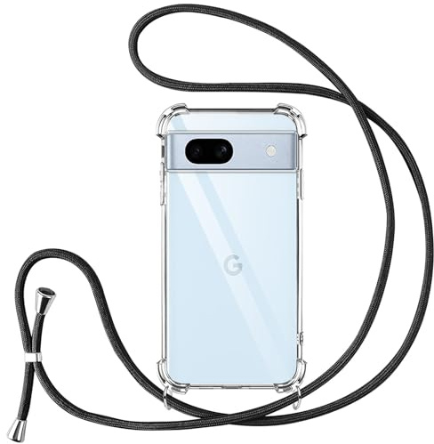 Vauki Coque pour Google Pixel 7a avec Cordon de Collier, Silicone Transparent TPU+PC Bumper Protection Étui Lanyard avec Sangle Réglable Chaîne Case pour Pixel 7a, Noir