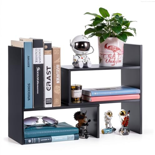 Dyserbuy Schreibtisch Regal, Verstellbarer Bücherregal Klein | Schreibtisch Regalaufsatz, für Büro, Zuhause, Lernen, weißer Holz-Organizer, Schwarz