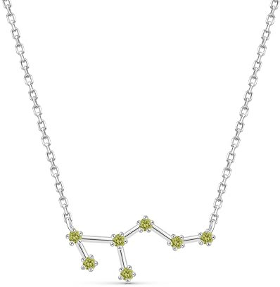 Amberta Women 925 Sterling Silver Constellation Necklace with Cubic Zirconia Birthstone – Silver Zodiac Necklace CZ: Zodiac Sign Necklace Leo with Simulated Peridot Birthstone