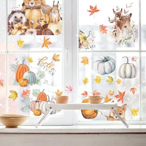 KASURE 9 Blatt Fenster Dekorationen, 20 * 30cm Fensterbilder Kinderzimmer, Fensteraufkleber Kürbis/Blätter/Elch/Wölfe, Fensteraufkleber für Zuhause/Büro/Cafés