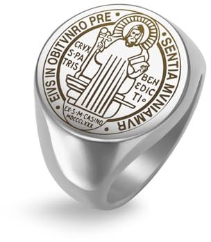 Amaxer Siegelring für Herren, Heiliger Benedikt von Nursia, Medaille, religiöser Schutz, Amulett, Edelstahl, Punk-Statement-Ring (Silber, 20mm)