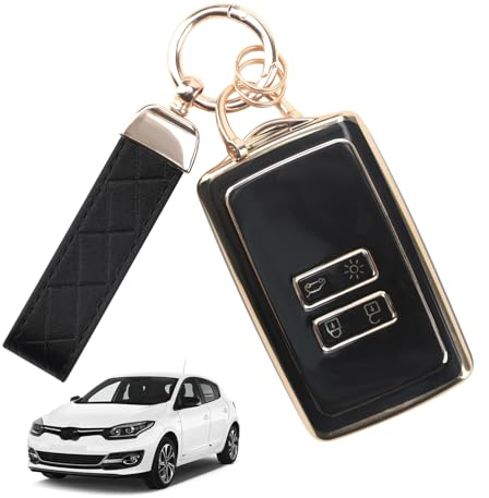 TPU Car Key Cover for Renault, 4 Buttons Key Card Case with Keychain Durable Key Fob Holder Protection Cover Compatible with Renault Clio Kadjar Megane Captur Espace Dacia Duster (Black)