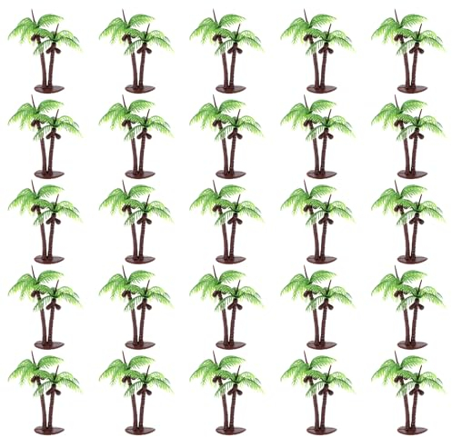 25Pcs Green Palm Tree Cupcake Topper, Model Palm Trees Artificial Trees Miniature Plant, Plastic Palm Tree Coconuts for Micro Aquarium Garden Plant Building Landscape Birthday Party Supplies