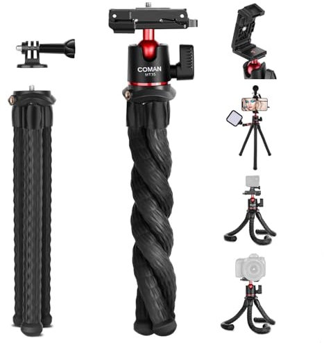 VIDIFY Coman Robust Octopus Flexible Tripod For Gopro Hero 13,12, Insta360 X5, DJI Action, DSLR Camera, Integrated Phone Holder with Cold Shoe, Wrap Around Bendable Tripod for iPhone 15, Max Load 2kg