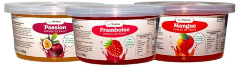 Nostea - Set di 3 vasetti, Perle per Bubble Tea Mango, Passione, Lampone – Popping Boba 100% Vegano, Senza Glutine - Perle al Succo di Frutta per Tè, Bevande - Produzione Francese - 3x 450 gr