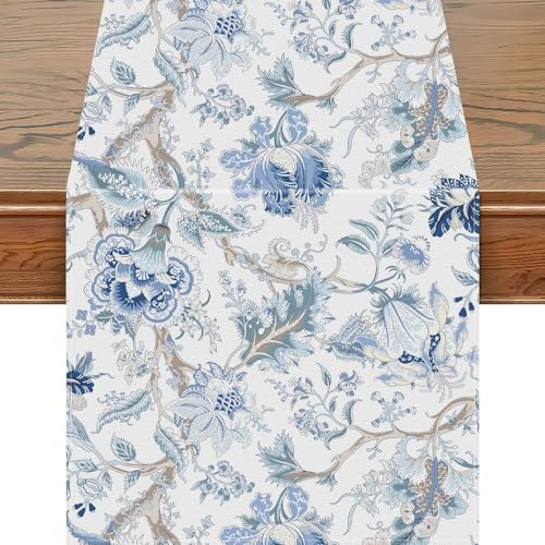 Snylcce Chinoiserie Blau & Weiß Vogel Floral Tischläufer - Elegante 13x108 Zoll Leinen Dekor für Moderne Bauernhaus Essen, Parteien und Eingänge