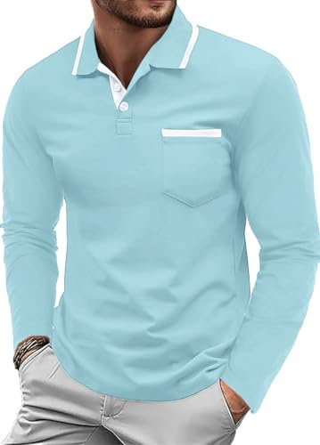 QIXING Herren Langarm Golf Poloshirt - Klassisches Baumwoll-T-Shirt Mit Brusttasche, Casual Pullover (Himmelblau, L)
