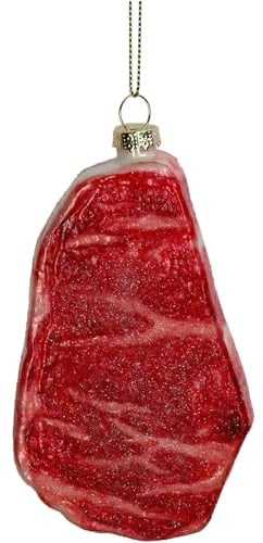 Christbaumschmuck Glas 12cm - Grill Steak Figur zum Aufhängen - handbemalt & mit Glitzer - Weihnachtsbaum Anhänger für Weihnachten - Christbaumanhänger & Weihnachtsbaumschmuck - Barbecue Fleisch Rot