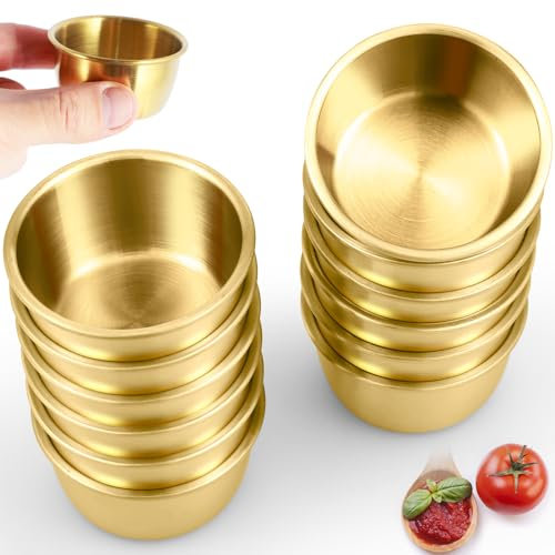 Fyeme 12 Stücke Dip Schälchen Set 45ML Dipschalen Edelstahl Runden Korrosionsbeständig Hochtemperaturbeständig Gewürzschalen Mini für Ketchup Honigsenf Salatdressing Sojasauce Essig (Gold 5.5CM)