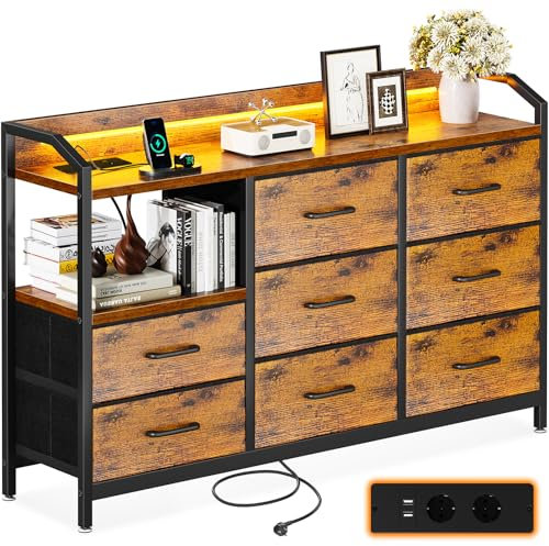 ODK Kommode mit Schubladen, Schubladenschrank mit LED-Lichtstreifen mit 10 Einstellbaren Farben und 2 USB- und 2 AC-Steckdosen, 8 Stoffschubladen, Wohnzimmer Schlafzimmer Kommode, 110*30*88cm Vintage
