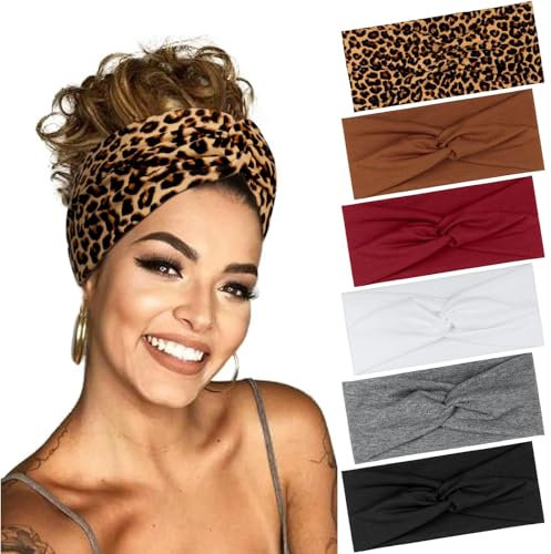 BELEVO 6 Pcs Bandeau Cheveux Femme, Antidérapant Bandeaux Mode Pour Femmes Sport Headband Elastique Cheveux Serre Tete Femme Adapté Yoga Fitness Exercice (Lmprimé Leopard, Couleur Unie)