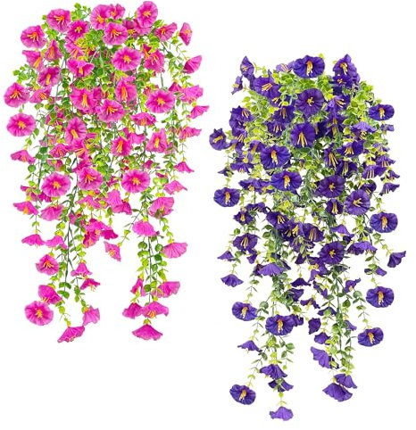 SHEPIN 4 flores artificiales colgantes de petunias de seda, plantas colgantes artificiales de eucalipto como real, 78 cm, flores artificiales para exteriores, resistentes a la intemperie, flores de