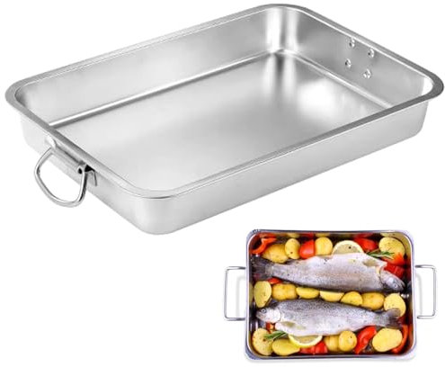 Auflaufform mit Griffen, Backblech Edelstahl Rechteckig Ofenform Groß 40 x 30 x 7 CM, Bräter für Backofen, Grill Auflaufform, Kuchenblech, Hitzebeständige Backform, Spülmaschinenfest, Silber