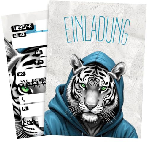 ZETTMANN® 10er Einladungskarten Kindergeburtstag Mädchen Junge - Einladung zum Geburtstag - Einladungskarten Geburtstag - Geburtstagseinladungen für Kinder (Weißer Tiger)