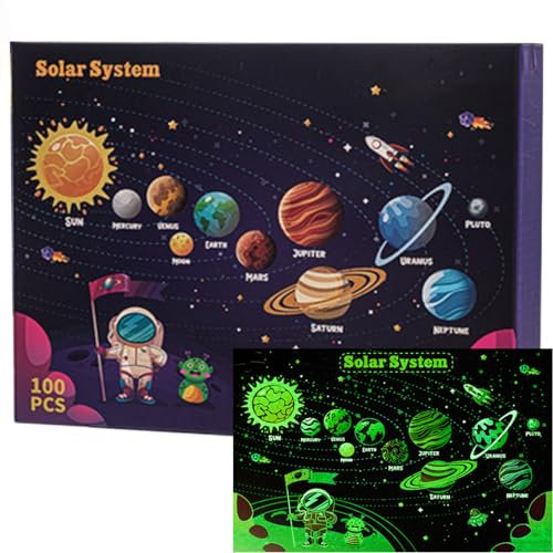 Glow in The Dark Puzzles,100 Piece Planet Puzzle for Kids - Jigsaw Puzzles Toys for Boys & Girls Ages 6-8 Birthday Gifts packaging states 3+